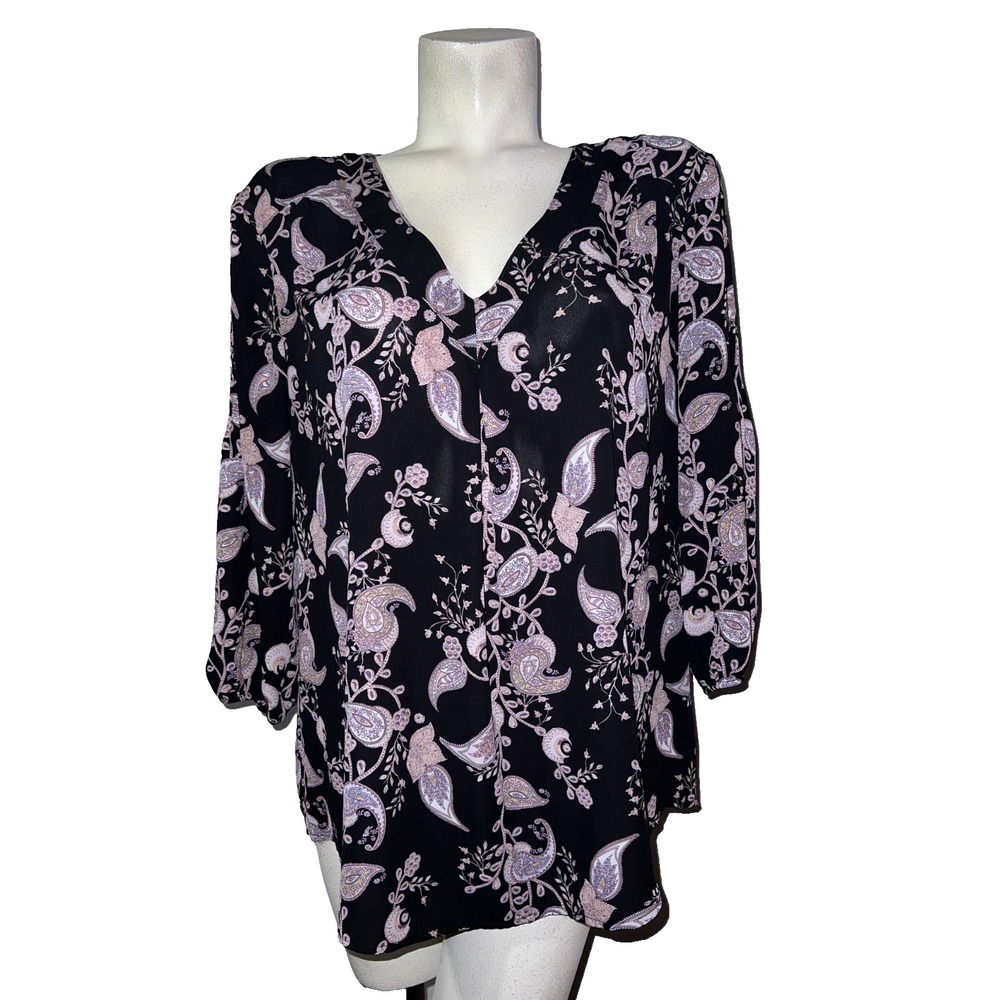 Soho New York & Company Jeans Black Paisley V-Neck 3/4 Sleeve‎ Blouse XL